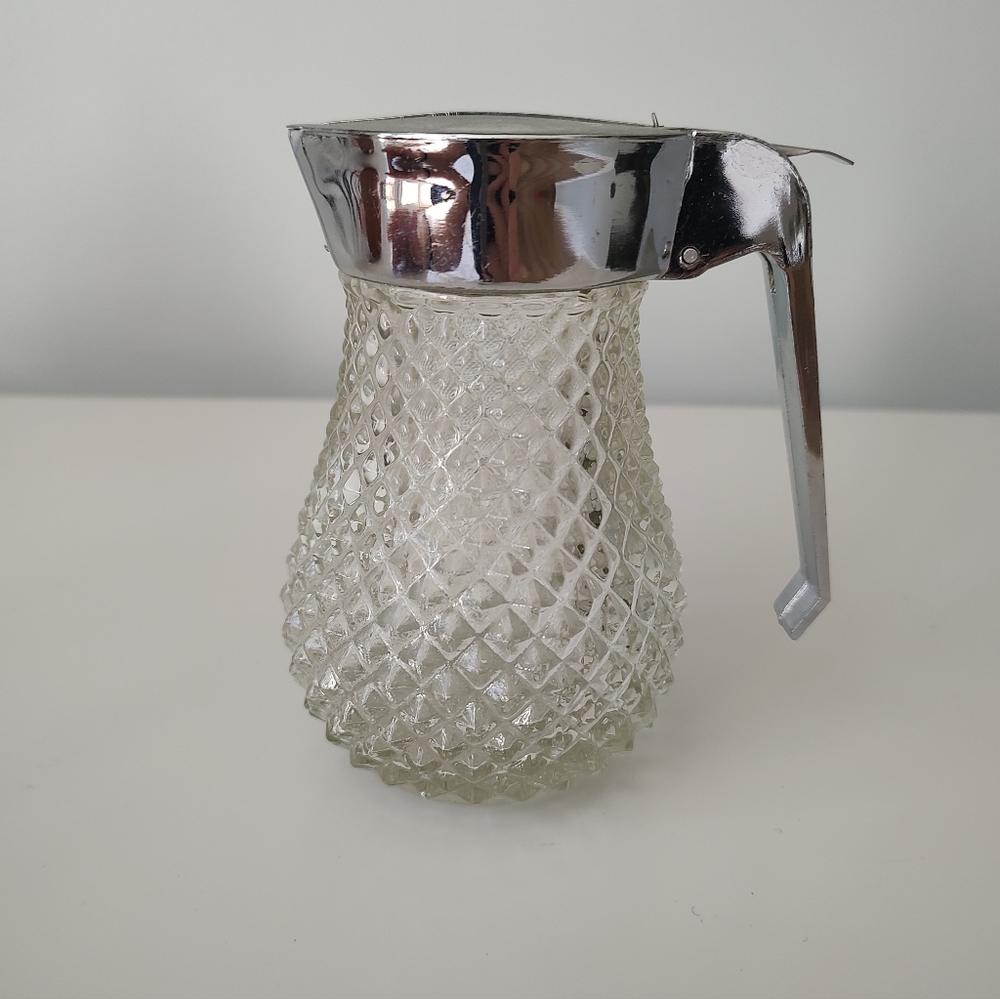 Vintage Diamond Cut Glass Hong Kong Syrup Dispenser Diner Style Metal Plastic